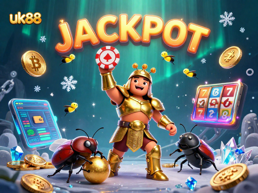 Join uk88's thrilling adventure as a heroic beetle lifts a poker chip in a vibrant casino scene.