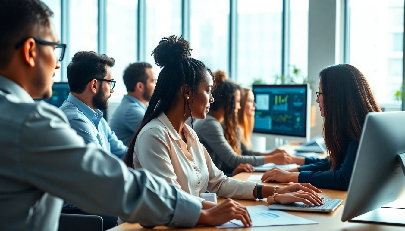 Erhalte hilfreiche Software Hilfe in einer modernen Büroumgebung mit Teamarbeit an Computern.