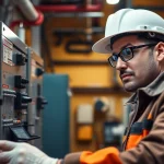 Technician performing a DGUV V3 Prüfung on electrical equipment, showcasing careful inspection techniques.