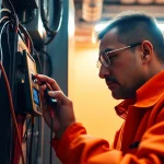 Technician conducting a DGUV V3 Prüfung on electrical equipment, ensuring workplace safety and compliance