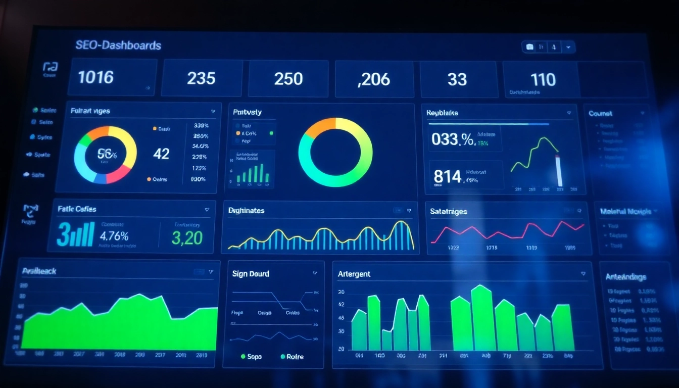 Visualisieren Sie ein modernes SEO-Dashboard zur Überwachung des SEO-Rankings mit Diagrammen und KPIs.