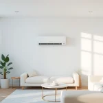 Klimaanlage kosten displayed in a modern living room with soft greens and natural light.