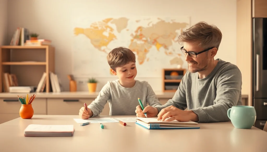 Ein Elternteil unterrichtet sein Kind zu Hause am Küchentisch während des Heimunterrichts mit liebevoller Atmosphäre.