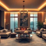 Experience luxury with a warmly lit, elegantly furnished living room exuding comfort and sophistication.