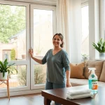 Haushaltshilfe Münster lächelt beim Putzen eines Fensters in einer modernen Wohnung.