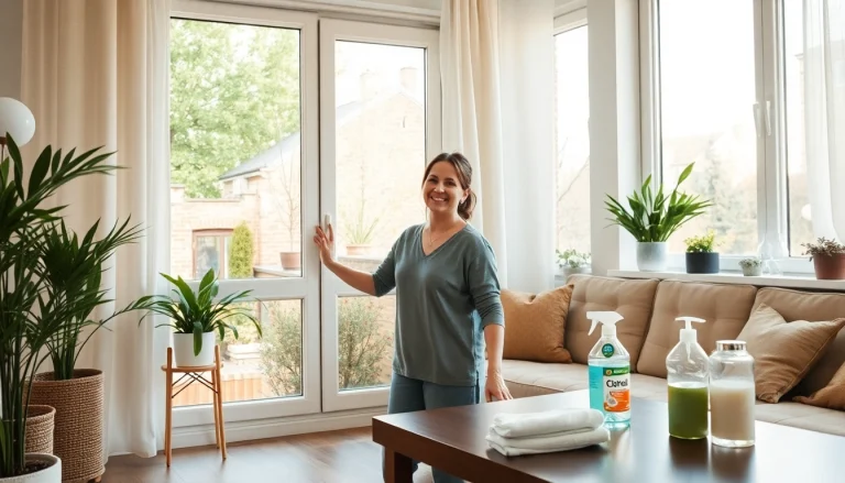 Haushaltshilfe Münster lächelt beim Putzen eines Fensters in einer modernen Wohnung.