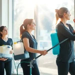 Professionelle Reinigungsfirma Münster reinigt große Fenster im modernen Büro.