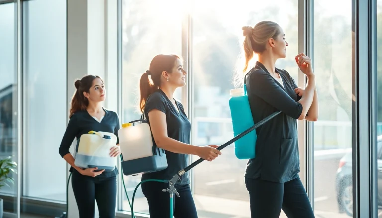 Professionelle Reinigungsfirma Münster reinigt große Fenster im modernen Büro.