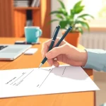 A person writing a check on a desk, focusing on checking details effectively, with a warm home office vibe.