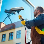 Professioneller Münster Fensterputzer reinigt strahlend sauberes Fenster in schönem Altbau.