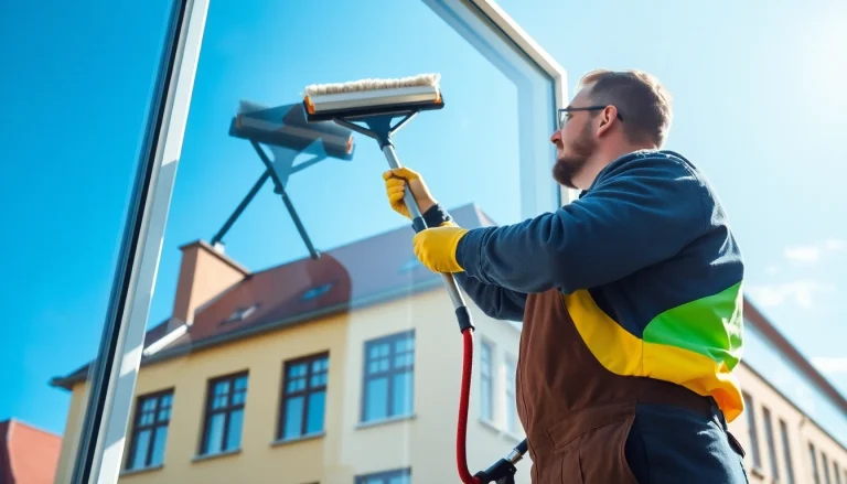 Professioneller Münster Fensterputzer reinigt strahlend sauberes Fenster in schönem Altbau.
