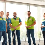Gebäude mit Herz: Professionelles Reinigungsteam putzt ein großes Fenster in ansprechendem Büroumfeld.