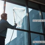 Der Fensterputzer von https://gmh-dienstleistung.de reinigt ein modernes Bürofenster strahlend sauber.