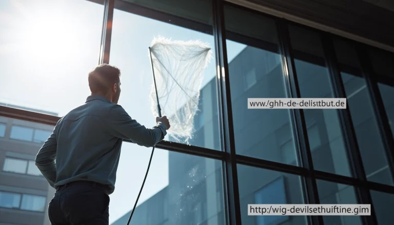 Der Fensterputzer von https://gmh-dienstleistung.de reinigt ein modernes Bürofenster strahlend sauber.