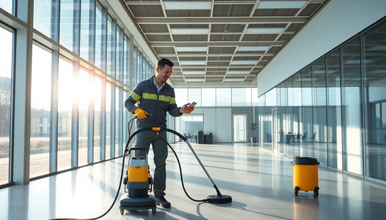 Gebäudereiniger Münster reinigt ein modernes Bürogebäude mit einem Hochdruckreiniger und sorgt für Sauberkeit.
