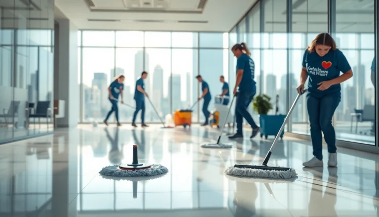 Professionelle Reinigung bei Gebäude mit Herz in einem modernen Büro mit glatten Oberflächen.
