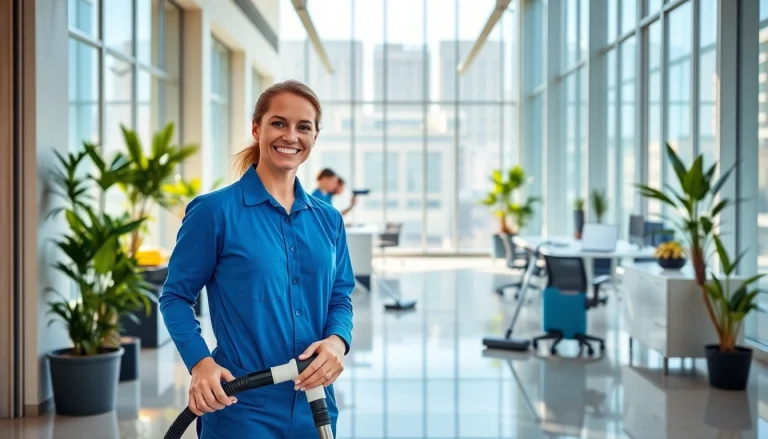 Gebäude mit Herz Reinigungsteam sorgt für strahlende Sauberkeit in einem modernen Büro.