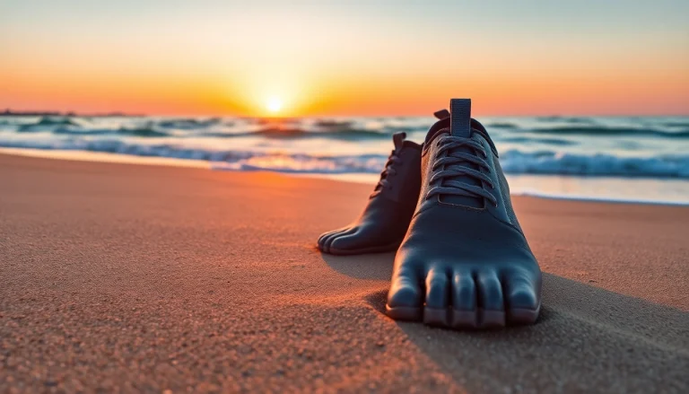 Tragen Sie bequeme Barefoot Schuhe am Strand, während die Wellen sanft plätschern.