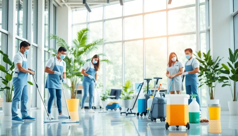 Gebäude mit Herz Cleaning professionals showcasing teamwork in a bright office environment.