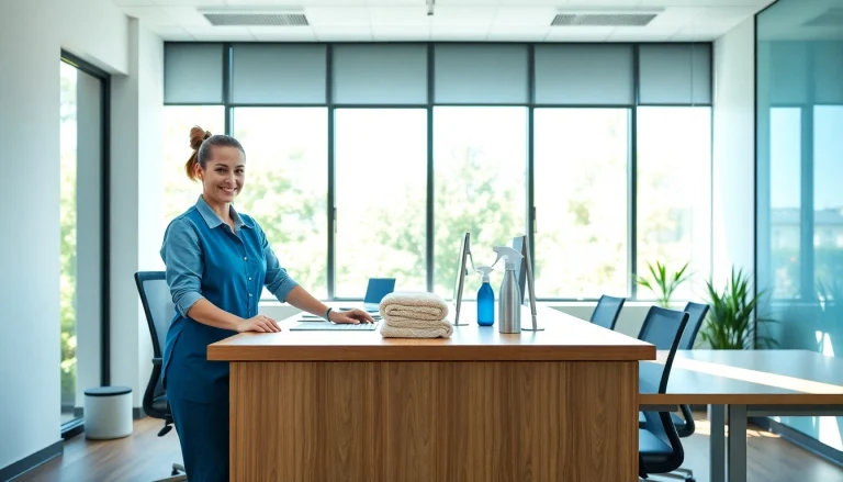 Professionelle Unterhaltsreinigung Münster: Reinigungskraft wischt Schreibtisch ab