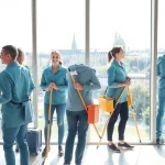 Professionelle Reinigungskräfte bei Gebäude mit Herz reinigen Fenster eines modernen Bürogebäudes in Münster.