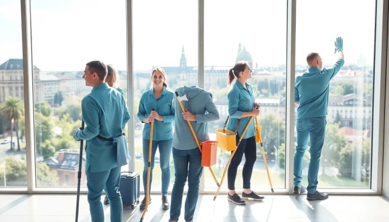 Professionelle Reinigungskräfte bei Gebäude mit Herz reinigen Fenster eines modernen Bürogebäudes in Münster.