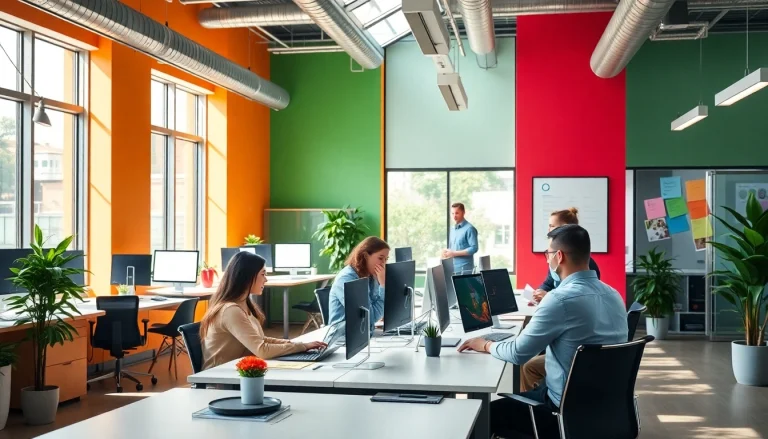 Creative team collaborating at a webdesign agency, showcasing innovative design processes and teamwork.