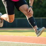 Fokussiertes Athletenbild mit kniebandage, während er auf einem Sportfeld trainiert.