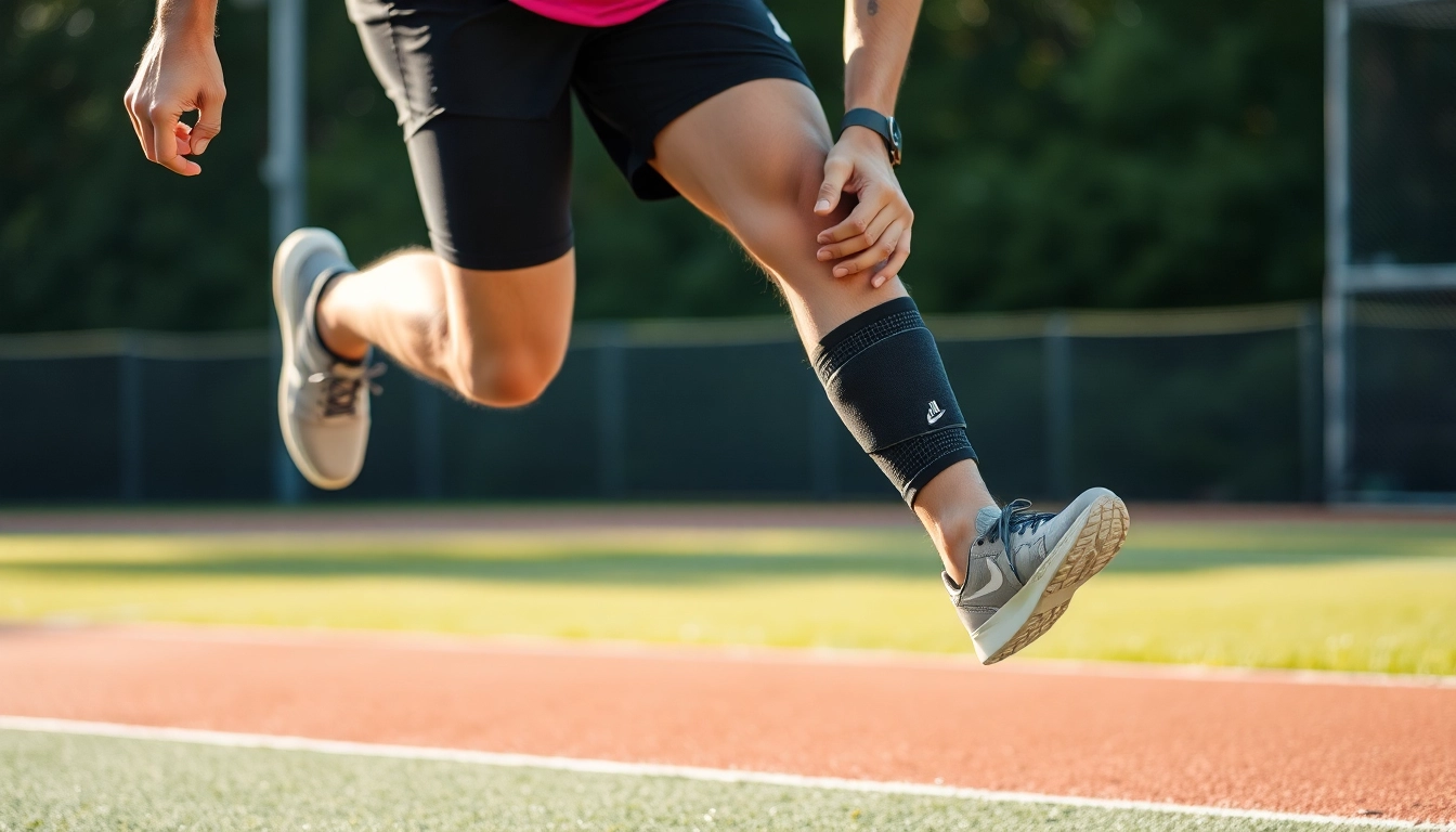Fokussiertes Athletenbild mit kniebandage, während er auf einem Sportfeld trainiert.