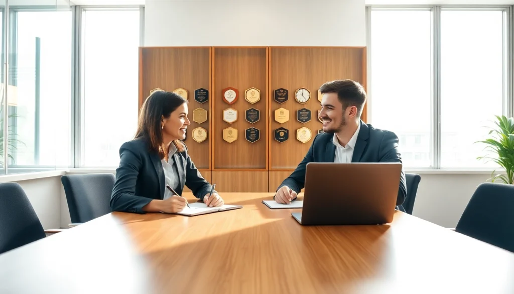 Visualisiere ein produktives Headhunter Sales Meeting in einer modernen Büroumgebung mit aktiven Diskussionen.
