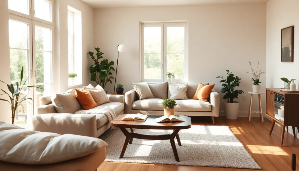 Gestalte ein elegantes Wohnstubeninterieur, das ansprechende Raumgestaltung und helle Farben kombiniert.