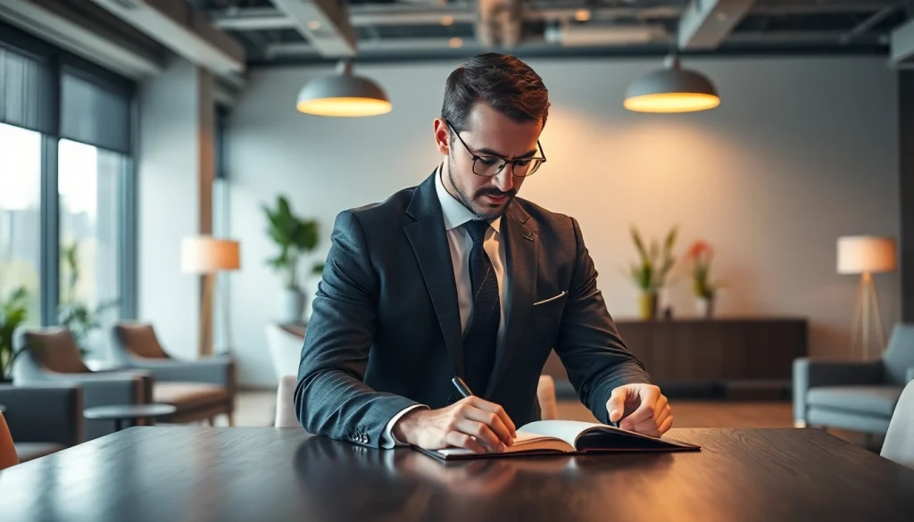 Professioneller Headhunter Essen überprüft Lebensläufe in einem eleganten Büro.