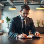 Professioneller Headhunter Essen überprüft Lebensläufe in einem eleganten Büro.