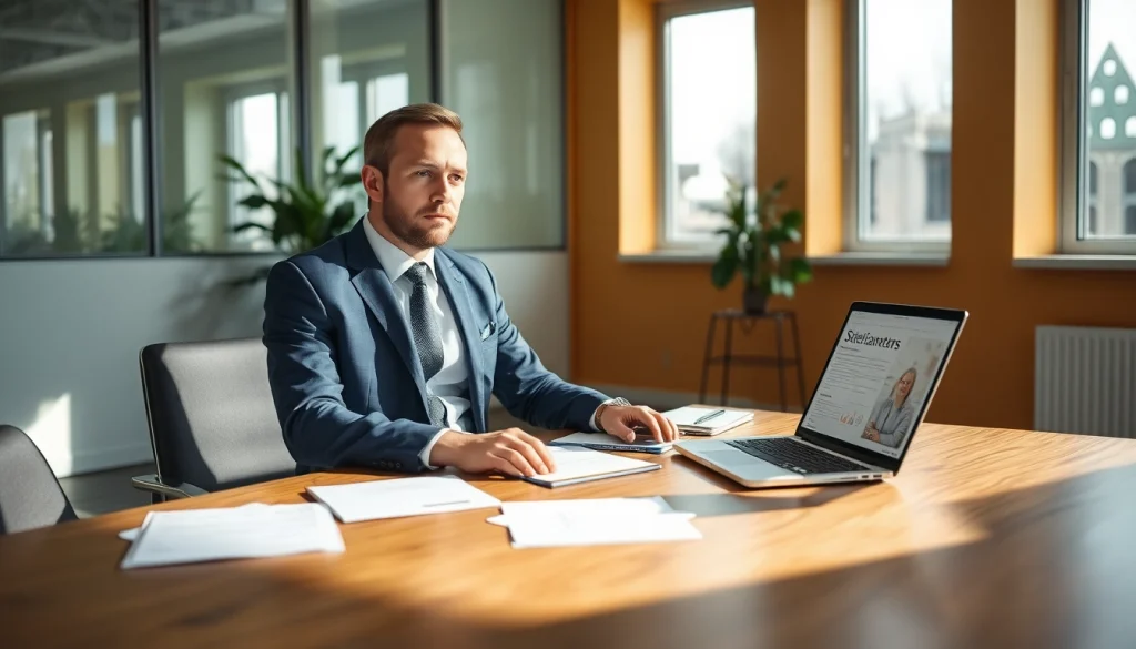 Headhunter bei der Arbeit in einem hellen, professionellen Büro, umgeben von Bewerbungsunterlagen.
