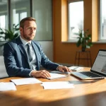 Headhunter bei der Arbeit in einem hellen, professionellen Büro, umgeben von Bewerbungsunterlagen.