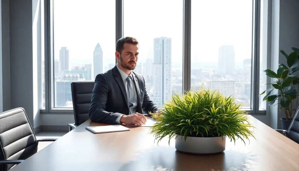 Headhunter sitzt in einem modernen Büro, umgeben von Notizen und einem Laptop.