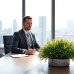 Headhunter sitzt in einem modernen Büro, umgeben von Notizen und einem Laptop.