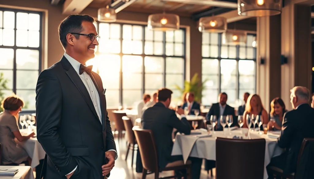 Headhunter Gastronomie berät in stilvollem Restaurant mit zufriedenen Gästen im Hintergrund