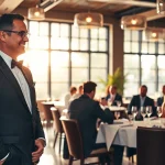 Headhunter Gastronomie berät in stilvollem Restaurant mit zufriedenen Gästen im Hintergrund