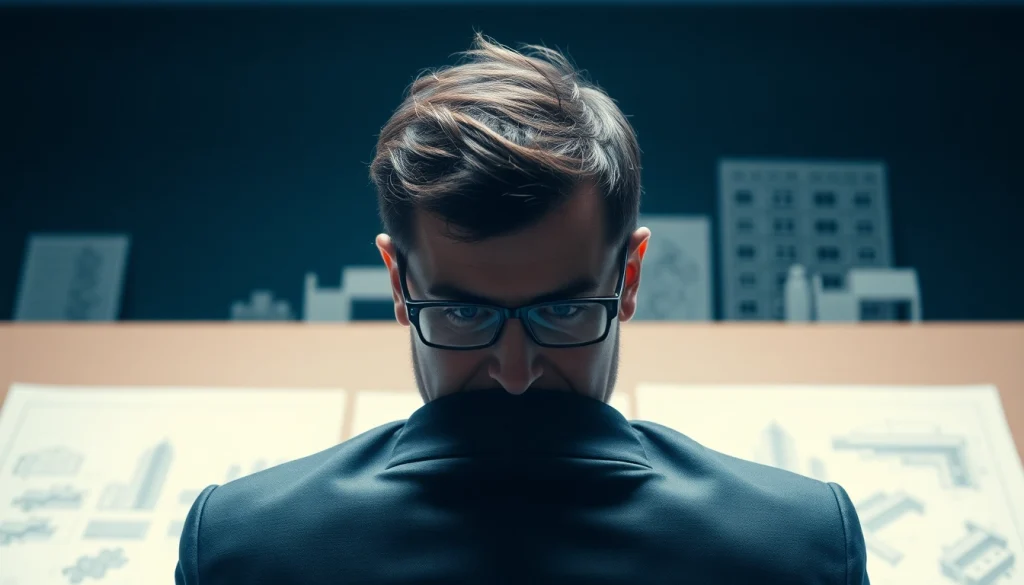 Der Headhunter Baubranche analysiert Baupläne und Lebensläufe in einem modernen Büro.