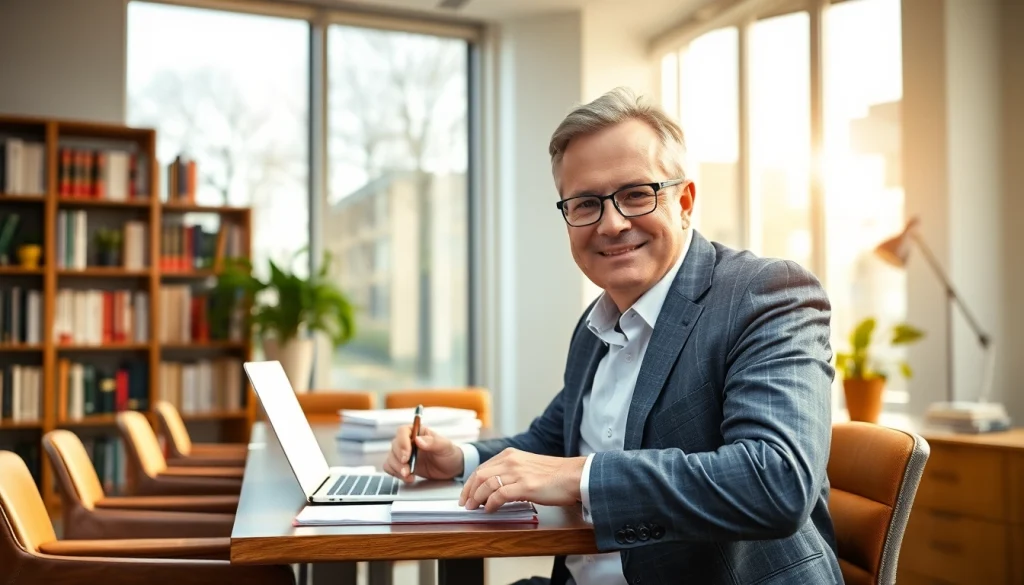 Professioneller Headhunter Köln arbeitet in einem modernen Büro mit warmem Licht und einladender Atmosphäre.