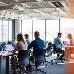 Fachleute bei der Personalvermittlung in einem modernen Büro, die kreative Gespräche führen.
