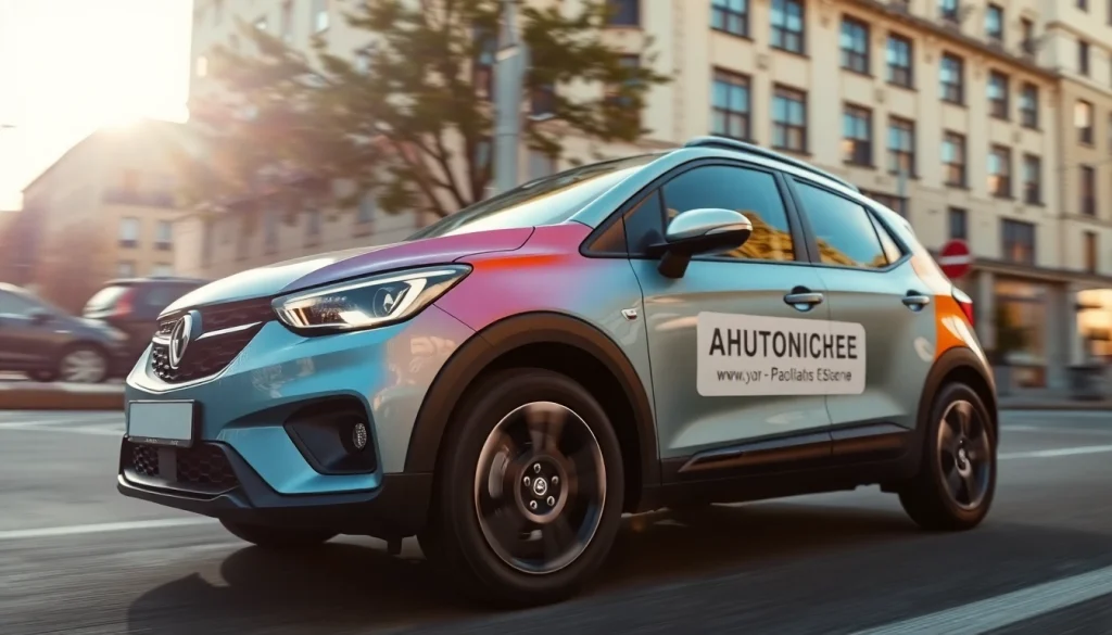 Autobestickering zeigt ein Fahrzeug mit auffälligen Aufklebern, das Werbung macht.