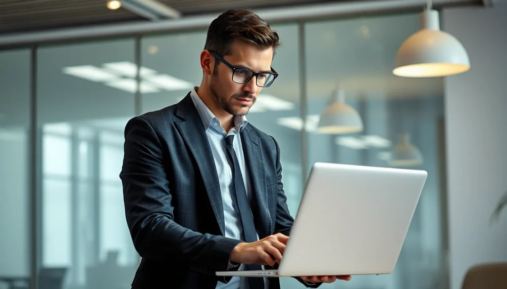Privatdetektei: Ein Privatdetektiv arbeitet fokussiert an seinem Laptop in einem modernen Büro.
