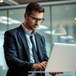 Privatdetektei: Ein Privatdetektiv arbeitet fokussiert an seinem Laptop in einem modernen Büro.