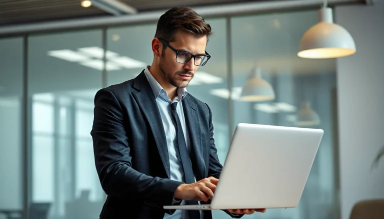 Privatdetektei: Ein Privatdetektiv arbeitet fokussiert an seinem Laptop in einem modernen Büro.