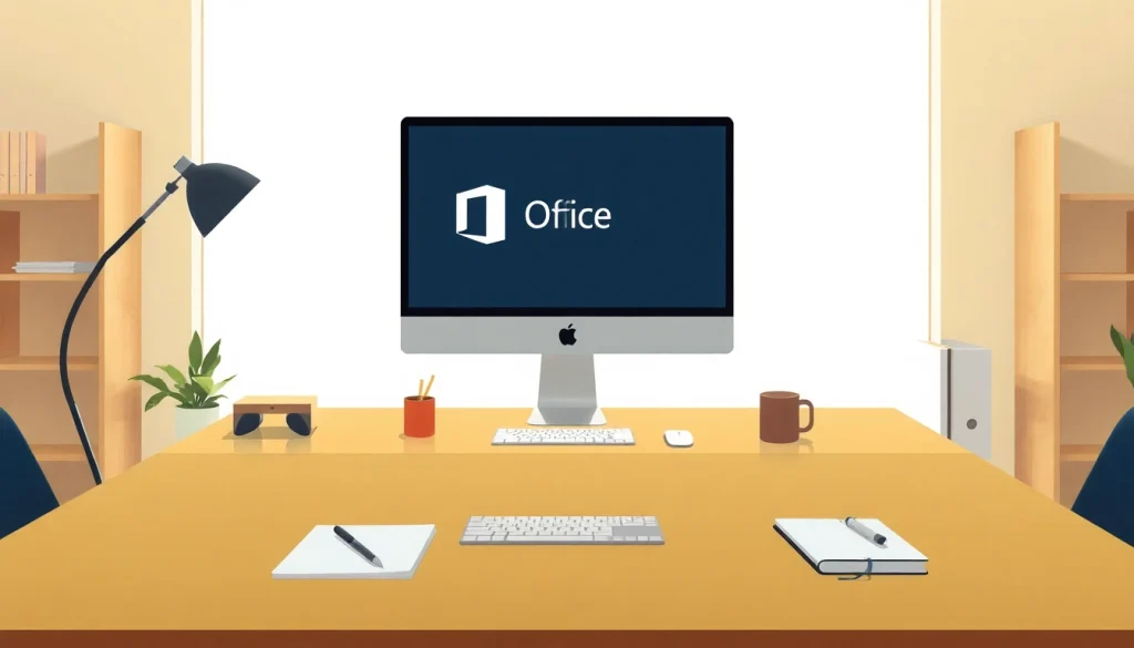 Erleben Sie Office Mac ohne Abo auf einem modernen, minimalistischen Arbeitsplatz mit einem Apple Mac und einer produktiven Atmosphäre.
