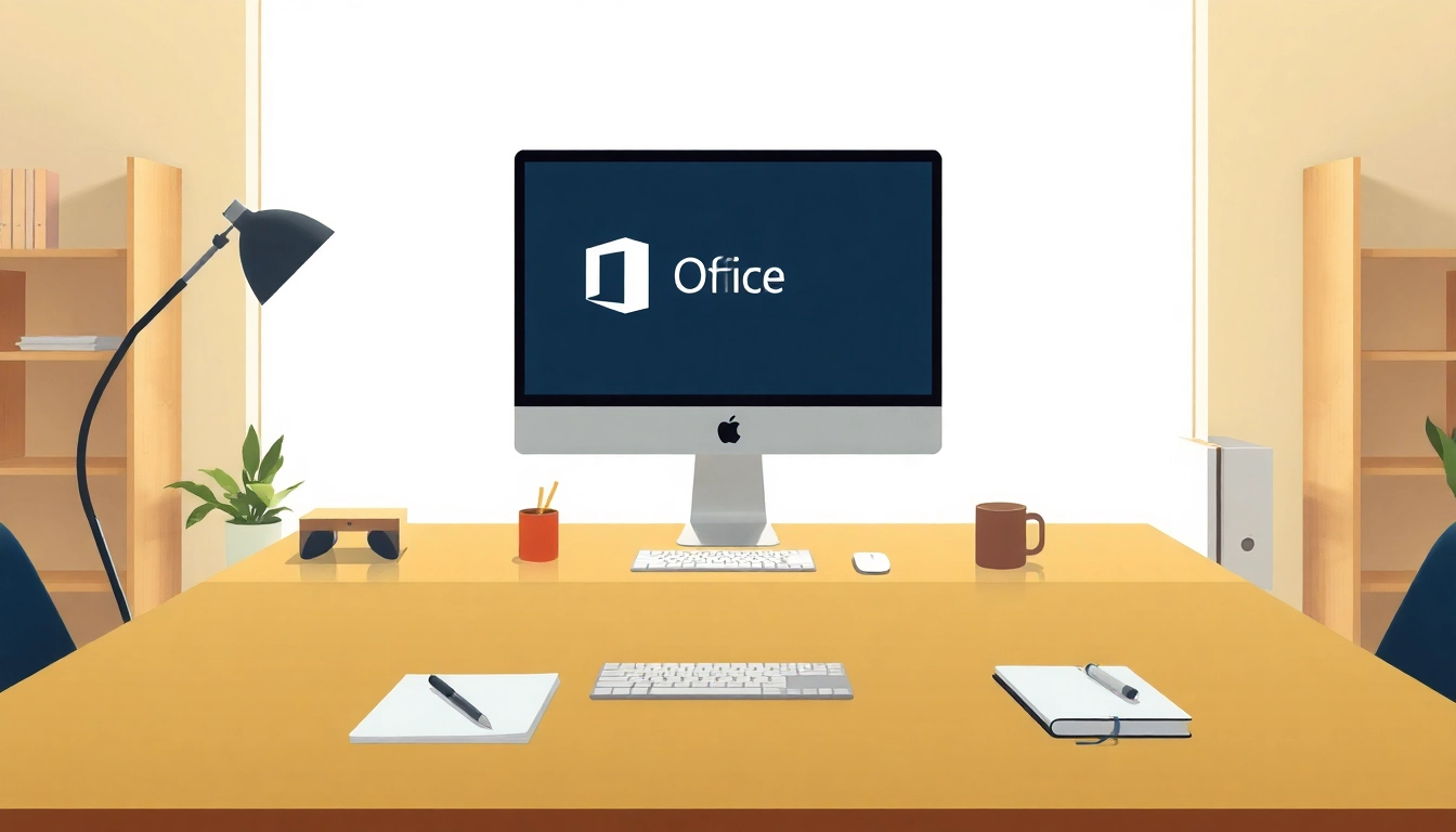 Erleben Sie Office Mac ohne Abo auf einem modernen, minimalistischen Arbeitsplatz mit einem Apple Mac und einer produktiven Atmosphäre.