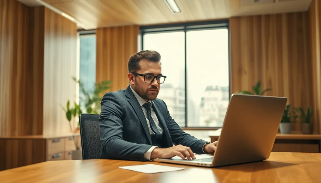 Headhunter IT bei der Arbeit in einem modernen Büro, Laptop geöffnet.