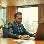 Headhunter IT bei der Arbeit in einem modernen Büro, Laptop geöffnet.